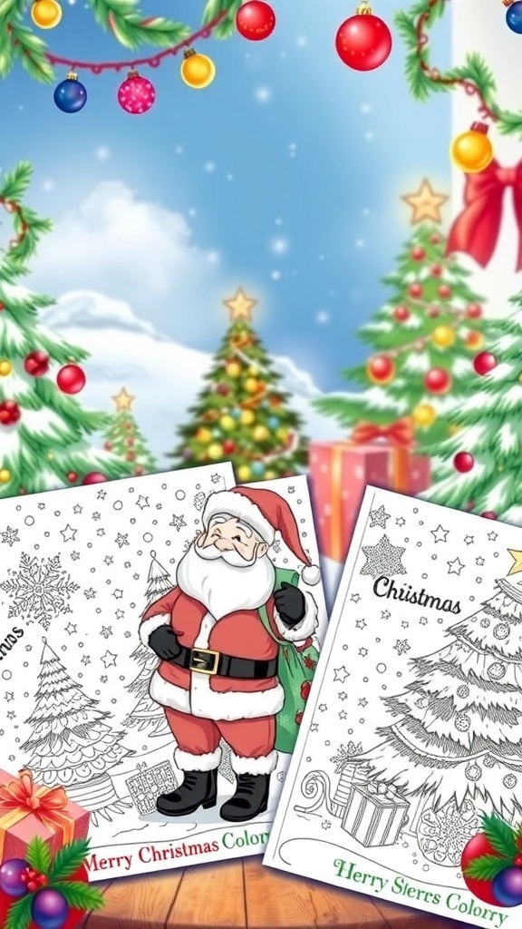 A selection of Christmas-themed coloring pages with festive designs including Santa, Christmas trees, and winter landscapes.